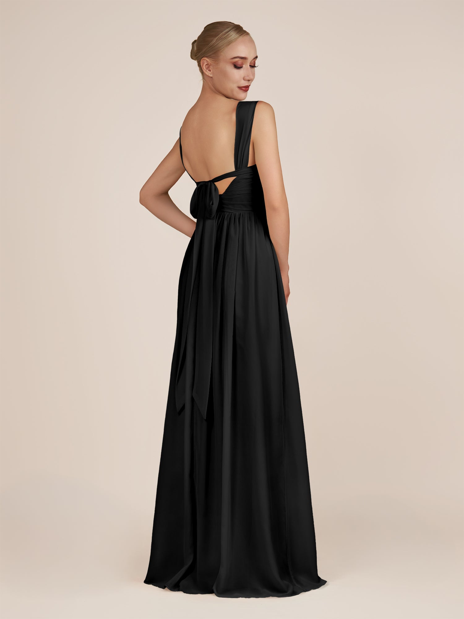 KissDress-Azura Black A-Line V Neck Chiffon Pleated Long Bridesmaid Dress with Slit