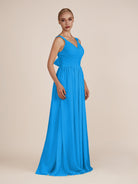 KissDress-Azura Blue Jay A-Line V Neck Chiffon Pleated Long Bridesmaid Dress with Slit