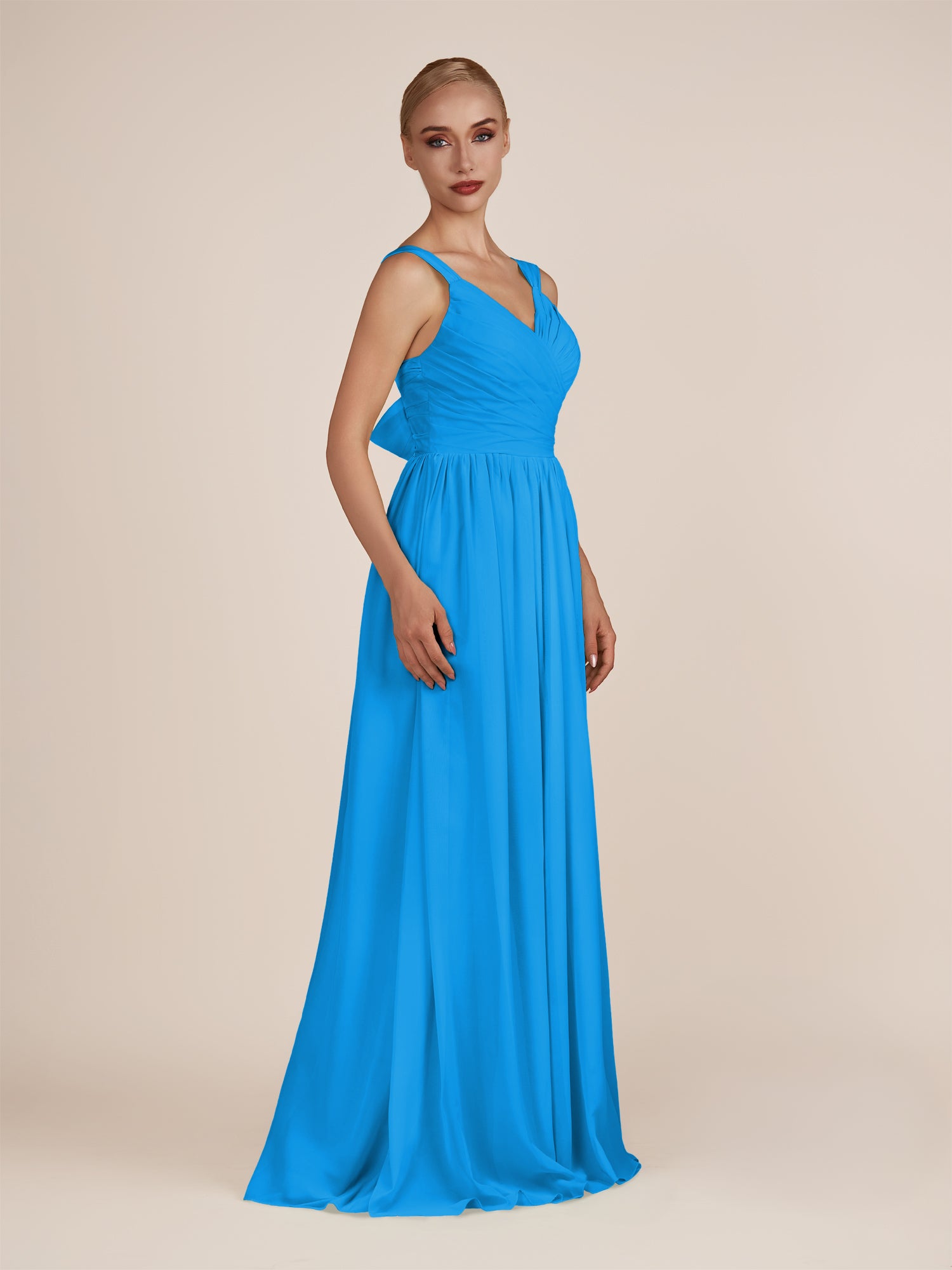 KissDress-Azura Blue Jay A-Line V Neck Chiffon Pleated Long Bridesmaid Dress with Slit
