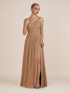 KissDress-Azura Bronzer A-Line V Neck Chiffon Pleated Long Bridesmaid Dress with Slit