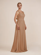 KissDress-Azura Bronzer A-Line V Neck Chiffon Pleated Long Bridesmaid Dress with Slit