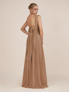 KissDress-Azura Bronzer A-Line V Neck Chiffon Pleated Long Bridesmaid Dress with Slit