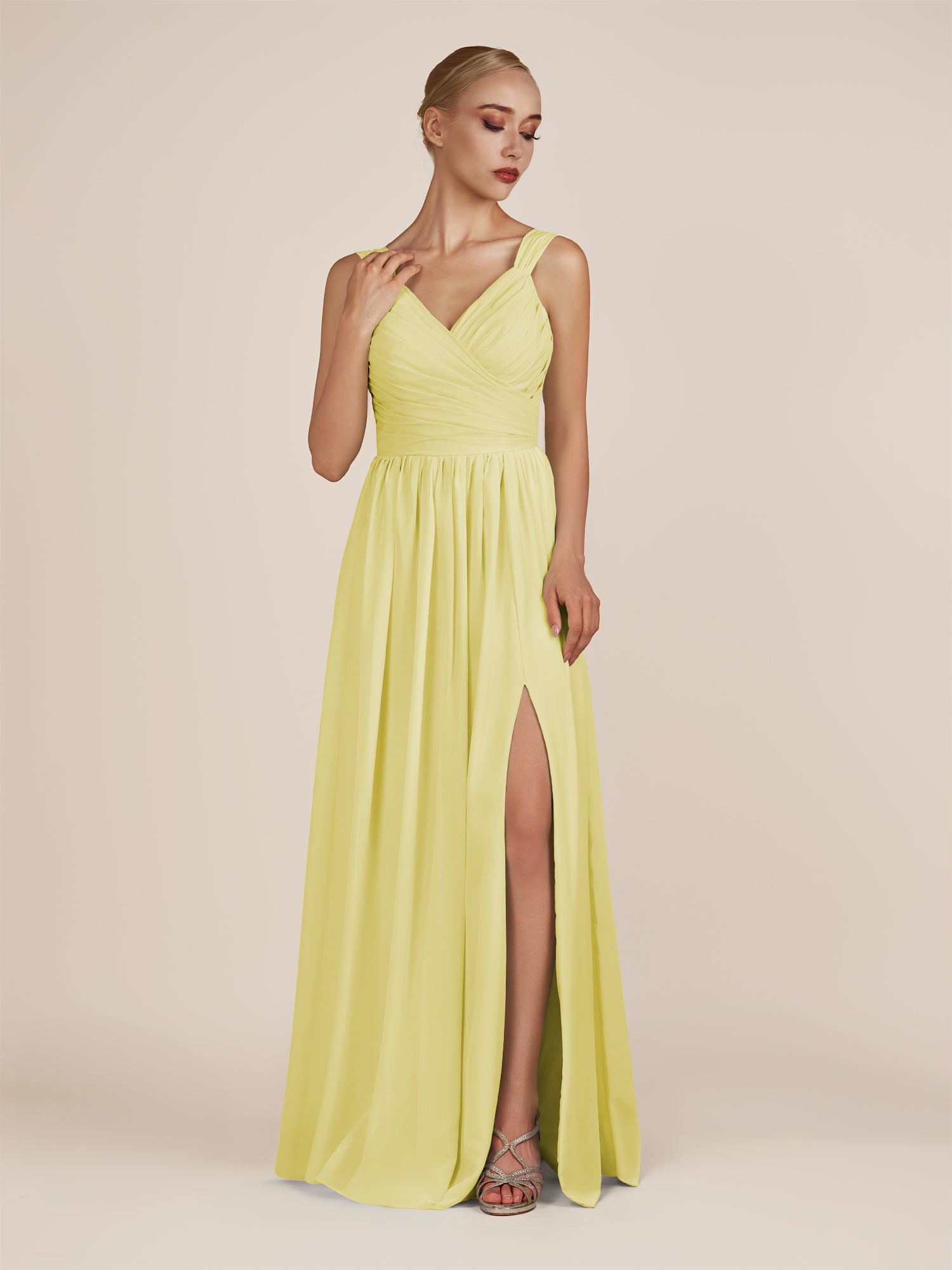 KissDress-Azura Buttercup A-Line V Neck Chiffon Pleated Long Bridesmaid Dress with Slit