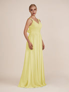KissDress-Azura Buttercup A-Line V Neck Chiffon Pleated Long Bridesmaid Dress with Slit