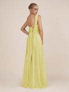 KissDress-Azura Buttercup A-Line V Neck Chiffon Pleated Long Bridesmaid Dress with Slit