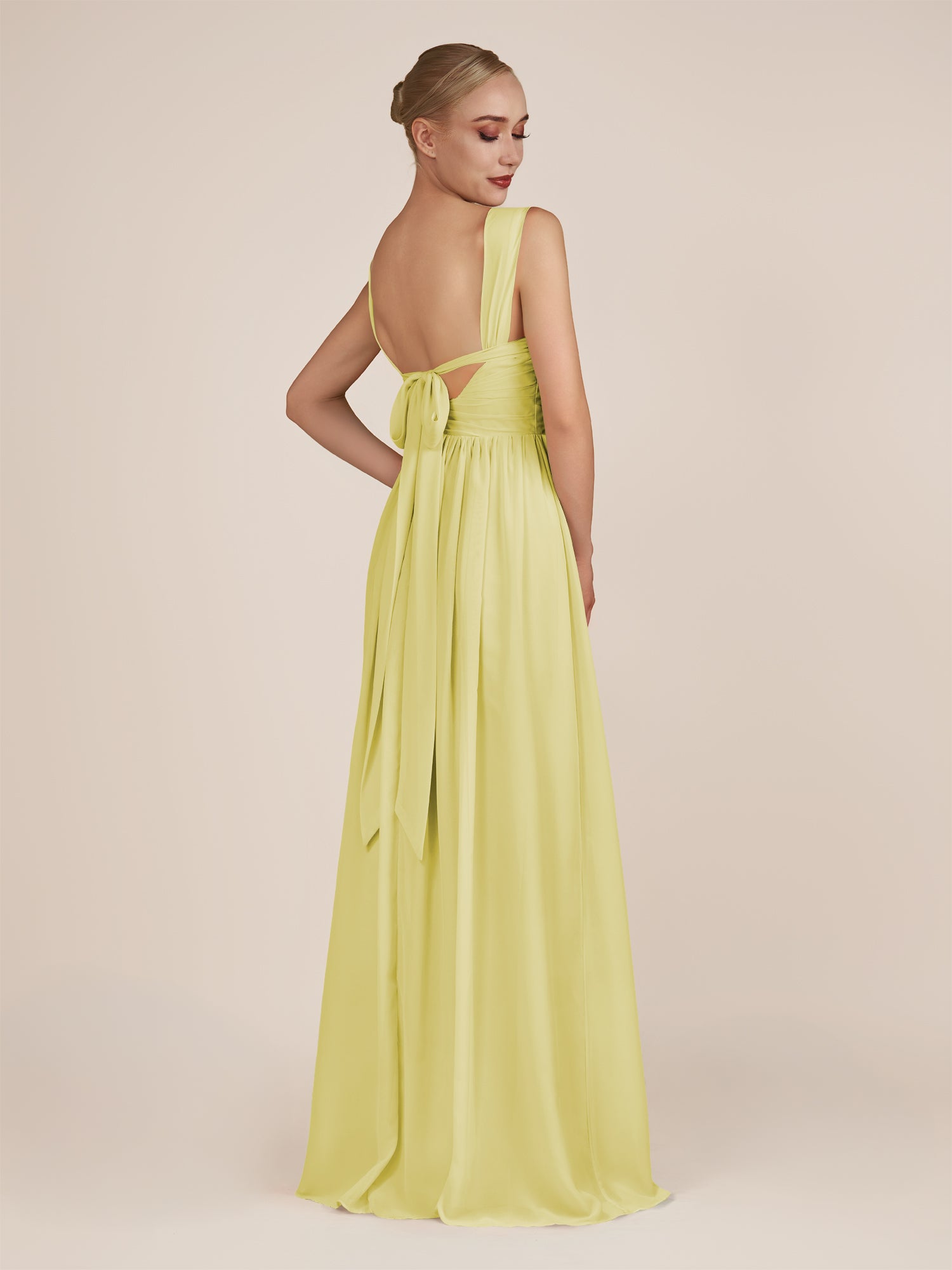 KissDress-Azura Buttercup A-Line V Neck Chiffon Pleated Long Bridesmaid Dress with Slit