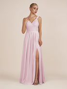 KissDress-Azura Candy Pink A-Line V Neck Chiffon Pleated Long Bridesmaid Dress with Slit