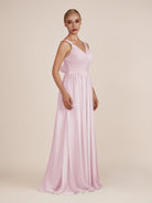 KissDress-Azura Candy Pink A-Line V Neck Chiffon Pleated Long Bridesmaid Dress with Slit
