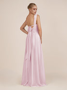 KissDress-Azura Candy Pink A-Line V Neck Chiffon Pleated Long Bridesmaid Dress with Slit