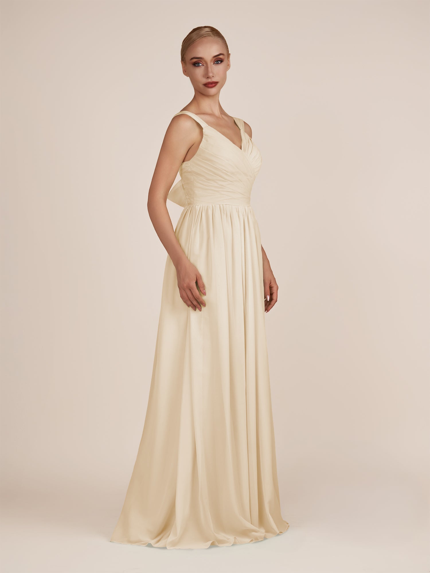 KissDress-Azura Champagne A-Line V Neck Chiffon Pleated Long Bridesmaid Dress with Slit