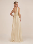 KissDress-Azura Champagne A-Line V Neck Chiffon Pleated Long Bridesmaid Dress with Slit