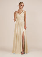 KissDress-Azura Champagne A-Line V Neck Chiffon Pleated Long Bridesmaid Dress with Slit