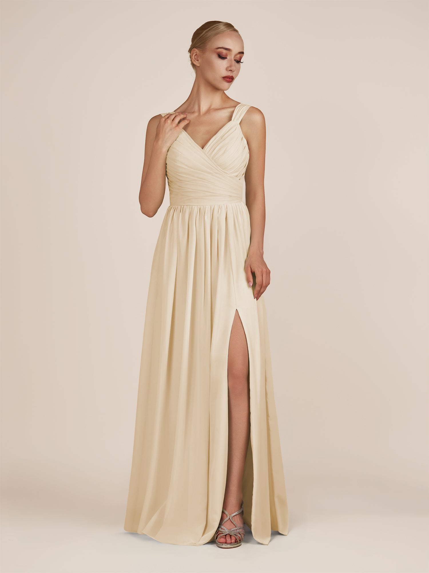 KissDress-Azura Champagne A-Line V Neck Chiffon Pleated Long Bridesmaid Dress with Slit