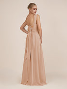KissDress-Azura Champagne Rose A-Line V Neck Chiffon Pleated Long Bridesmaid Dress with Slit