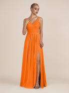 KissDress-Azura Cinnamon A-Line V Neck Chiffon Pleated Long Bridesmaid Dress with Slit