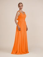 KissDress-Azura Cinnamon A-Line V Neck Chiffon Pleated Long Bridesmaid Dress with Slit
