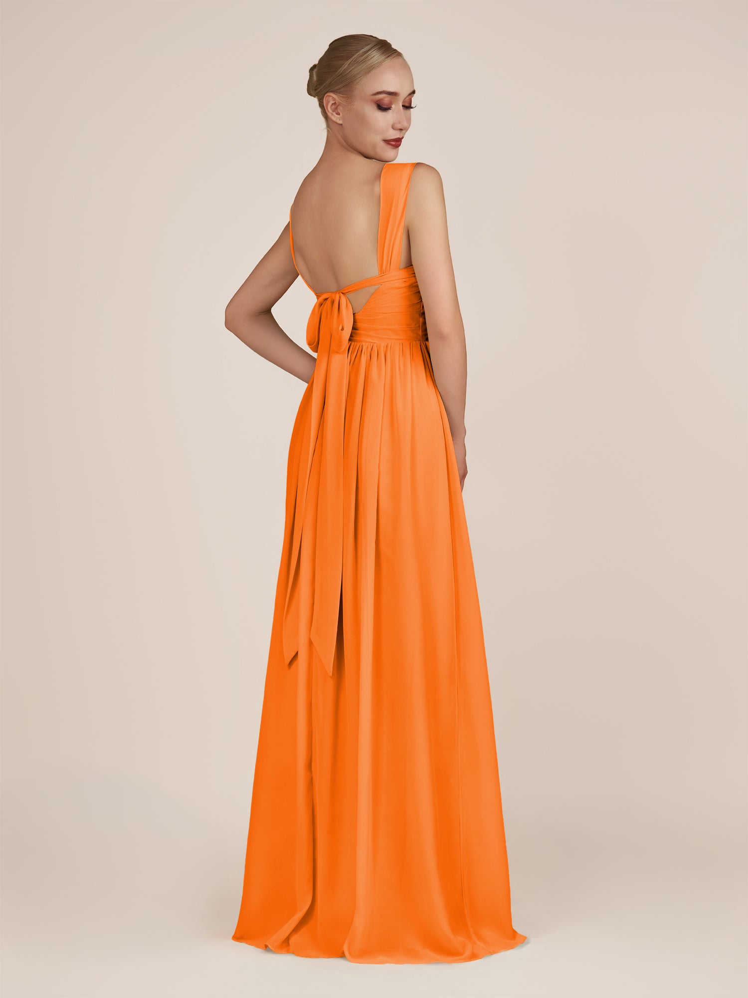 KissDress-Azura Cinnamon A-Line V Neck Chiffon Pleated Long Bridesmaid Dress with Slit