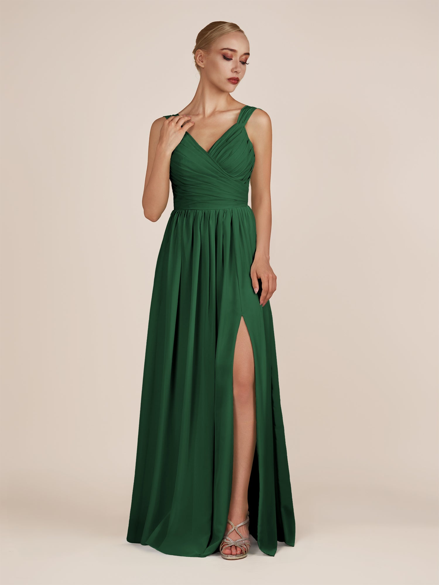 KissDress-Azura Dark Green A-Line V Neck Chiffon Pleated Long Bridesmaid Dress with Slit