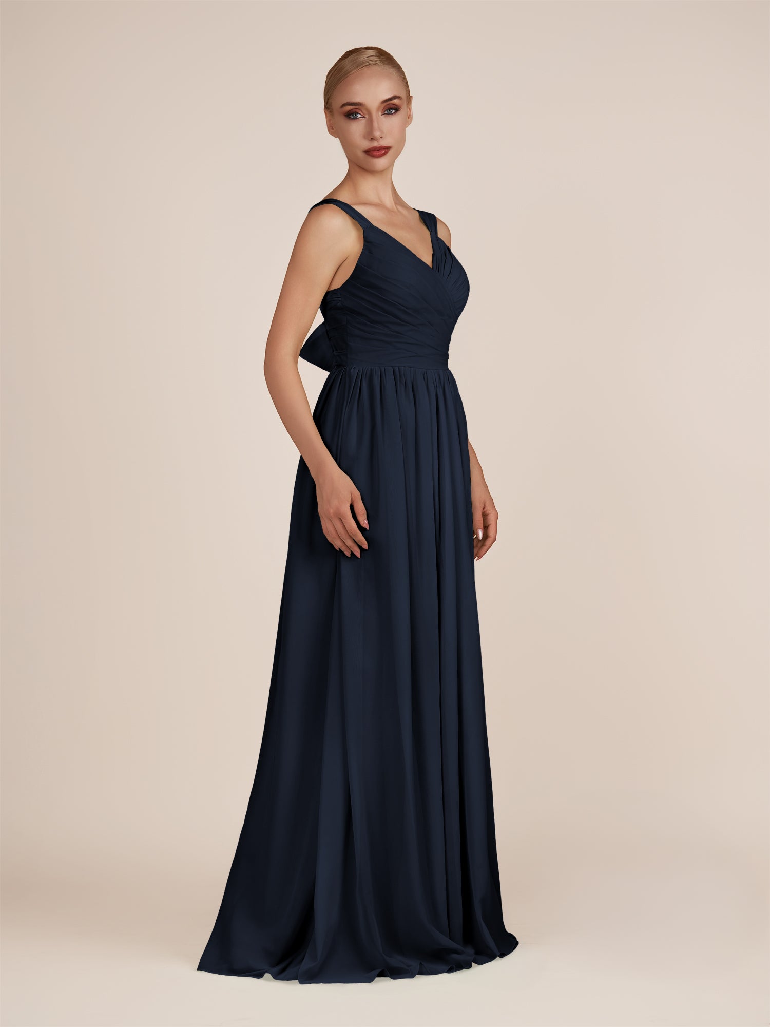 KissDress-Azura Dark Navy A-Line V Neck Chiffon Pleated Long Bridesmaid Dress with Slit