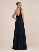 KissDress-Azura Dark Navy A-Line V Neck Chiffon Pleated Long Bridesmaid Dress with Slit
