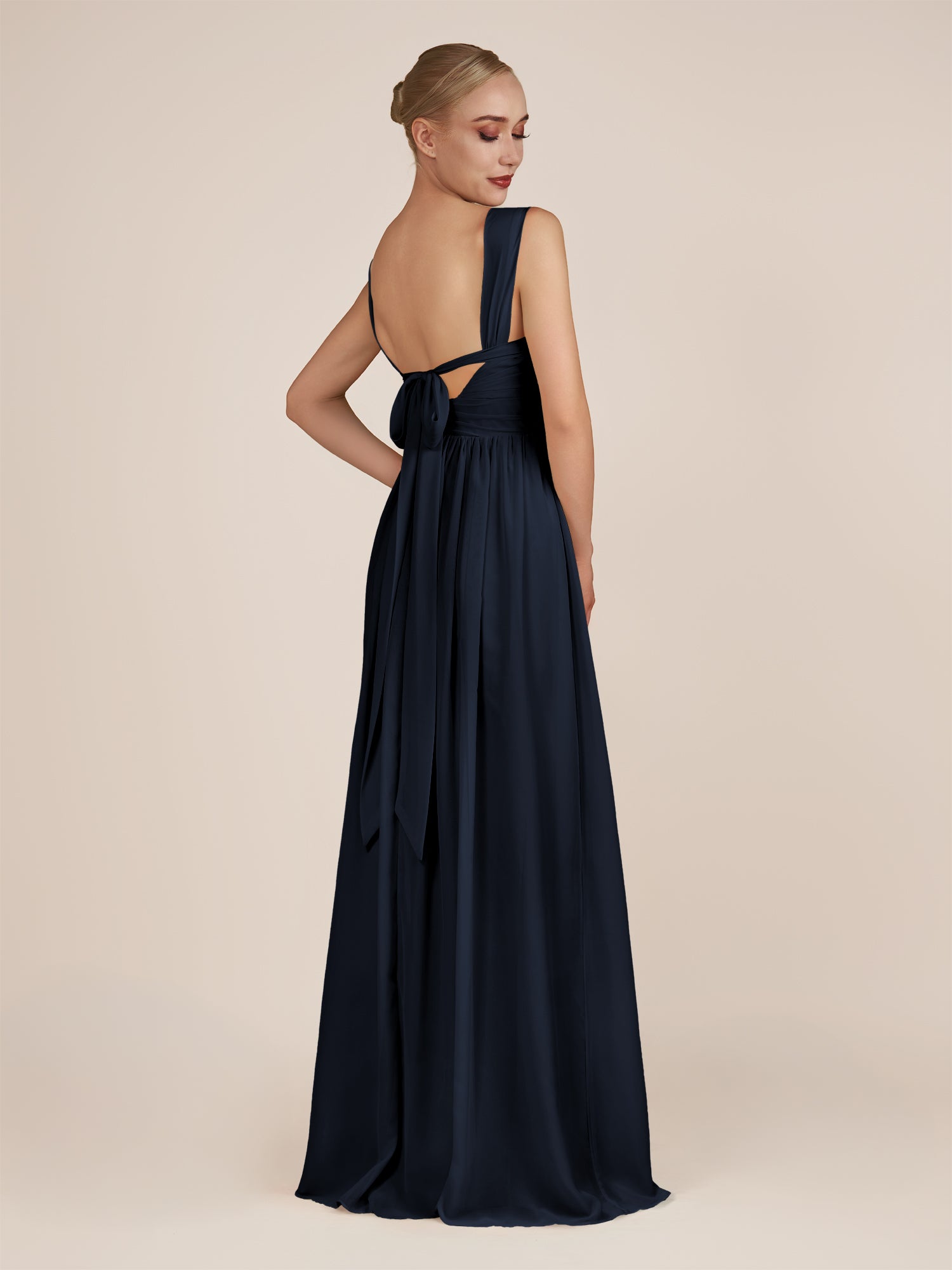 KissDress-Azura Dark Navy A-Line V Neck Chiffon Pleated Long Bridesmaid Dress with Slit