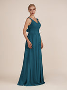 KissDress-Azura Dark Teal A-Line V Neck Chiffon Pleated Long Bridesmaid Dress with Slit