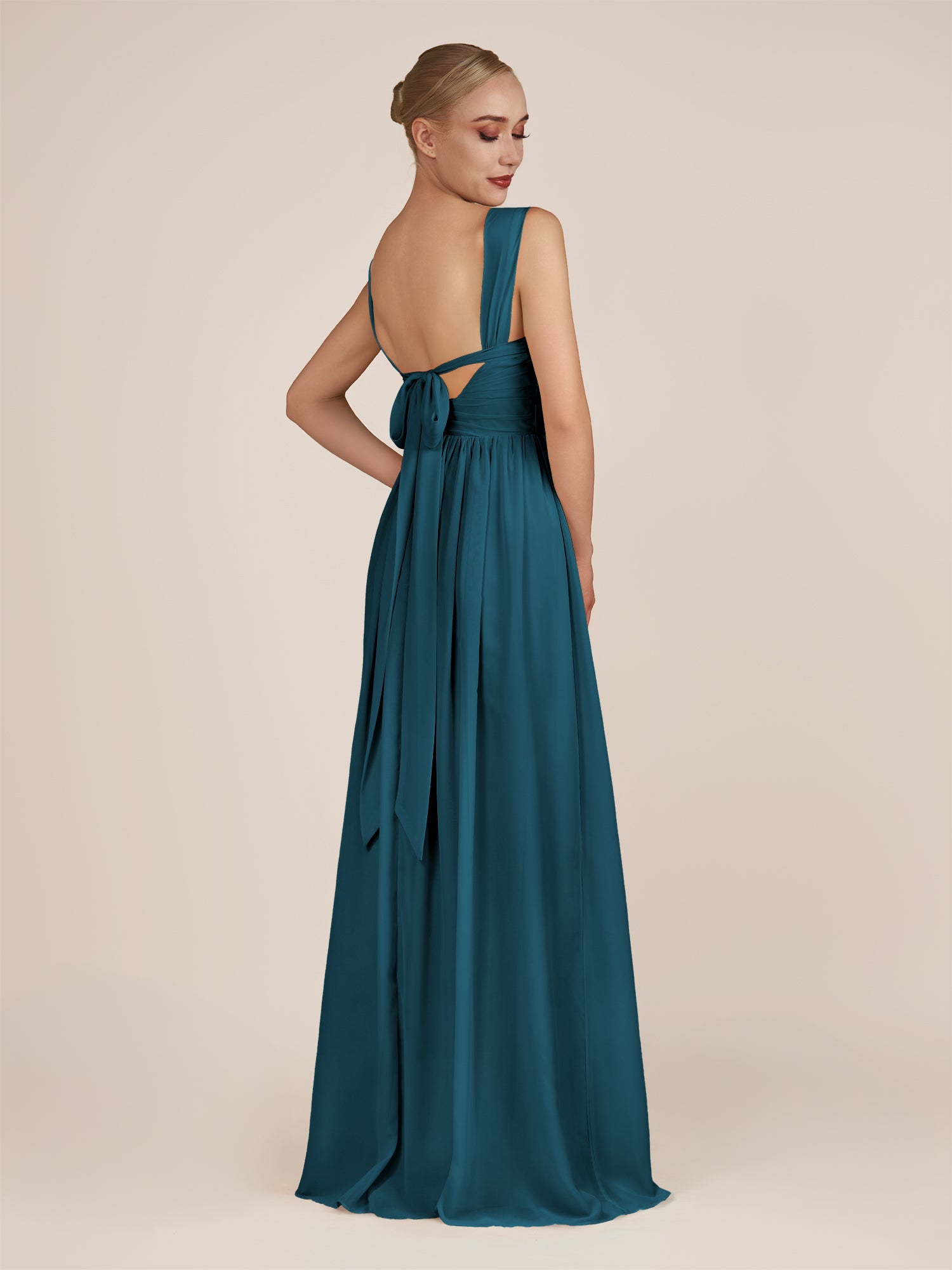 KissDress-Azura Dark Teal A-Line V Neck Chiffon Pleated Long Bridesmaid Dress with Slit