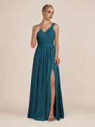 KissDress-Azura Dark Teal A-Line V Neck Chiffon Pleated Long Bridesmaid Dress with Slit