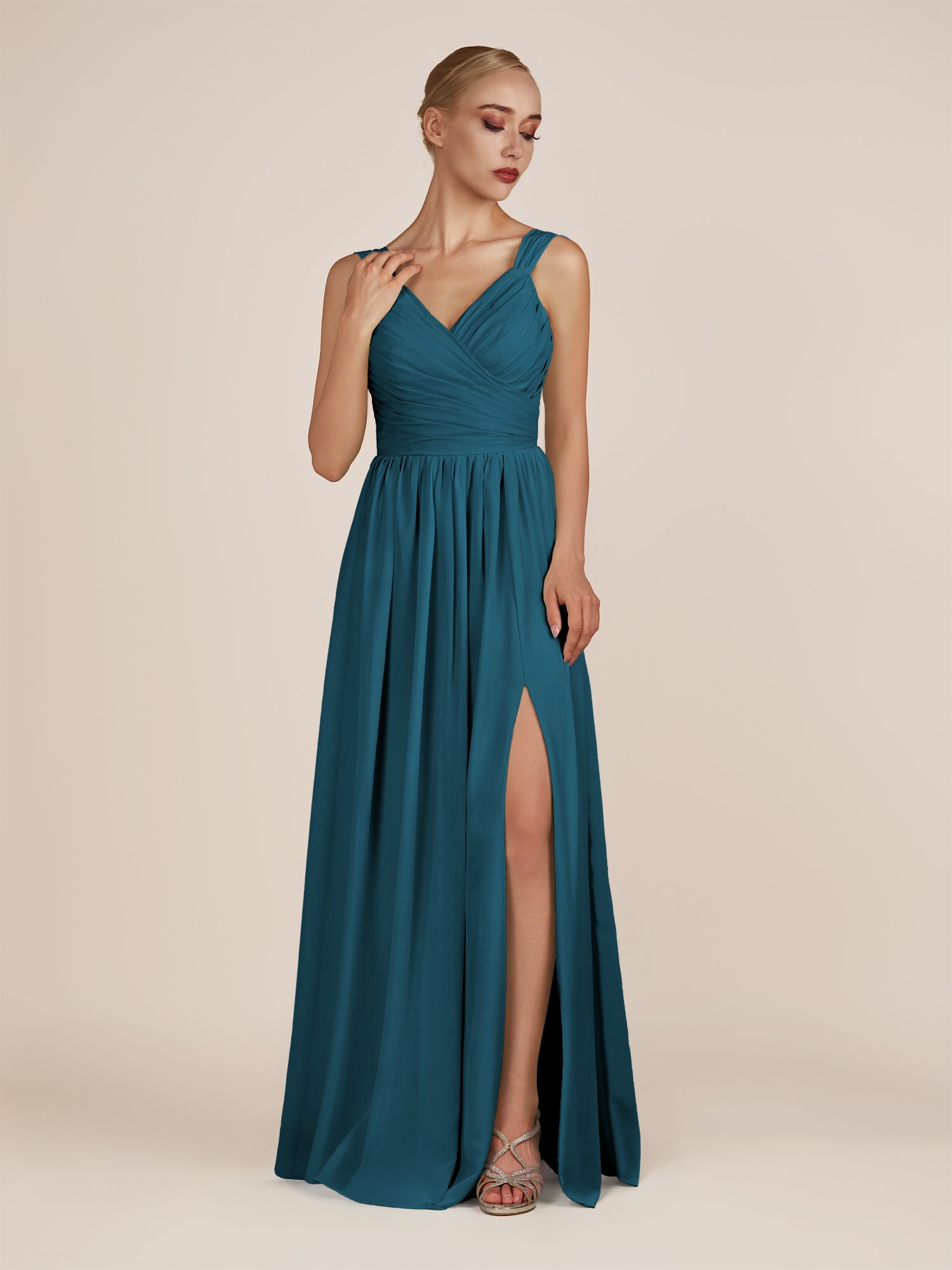 KissDress-Azura Dark Teal A-Line V Neck Chiffon Pleated Long Bridesmaid Dress with Slit