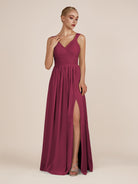 KissDress-Azura Desert Rose A-Line V Neck Chiffon Pleated Long Bridesmaid Dress with Slit