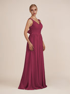 KissDress-Azura Desert Rose A-Line V Neck Chiffon Pleated Long Bridesmaid Dress with Slit