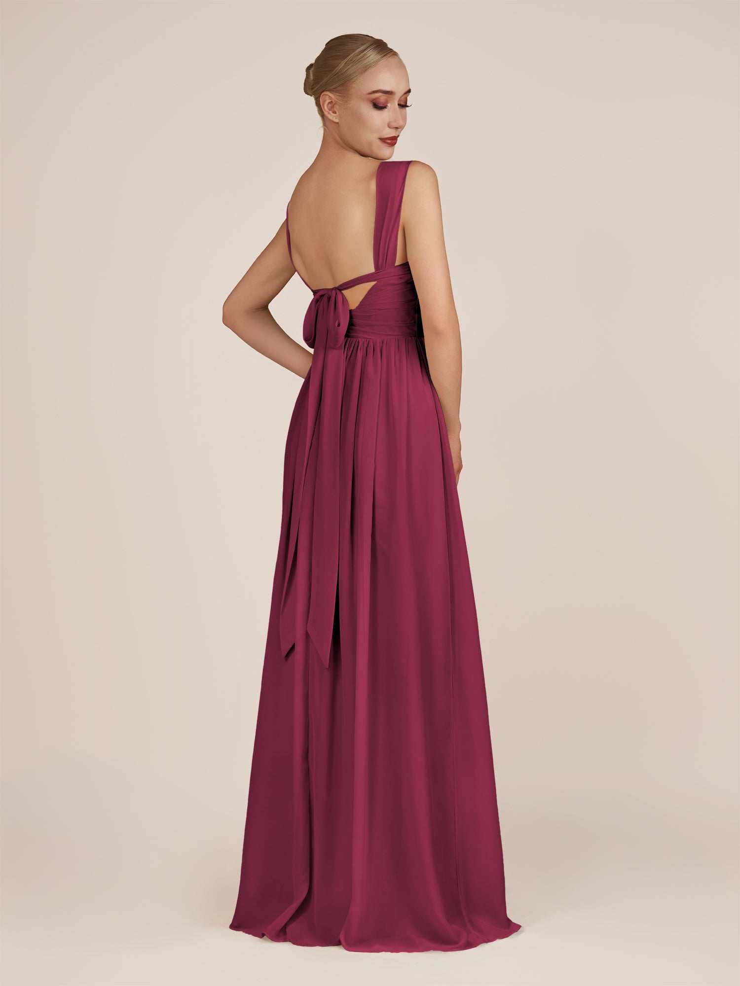 KissDress-Azura Desert Rose A-Line V Neck Chiffon Pleated Long Bridesmaid Dress with Slit