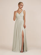 KissDress-Azura Dove Gray A-Line V Neck Chiffon Pleated Long Bridesmaid Dress with Slit