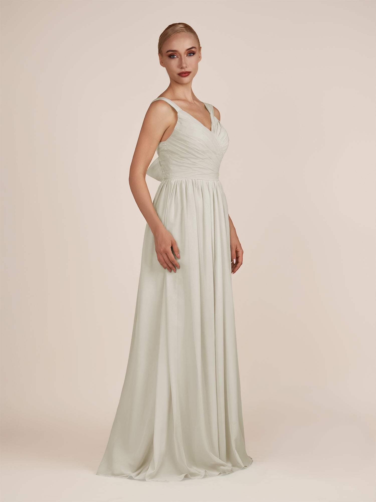 KissDress-Azura Dove Gray A-Line V Neck Chiffon Pleated Long Bridesmaid Dress with Slit
