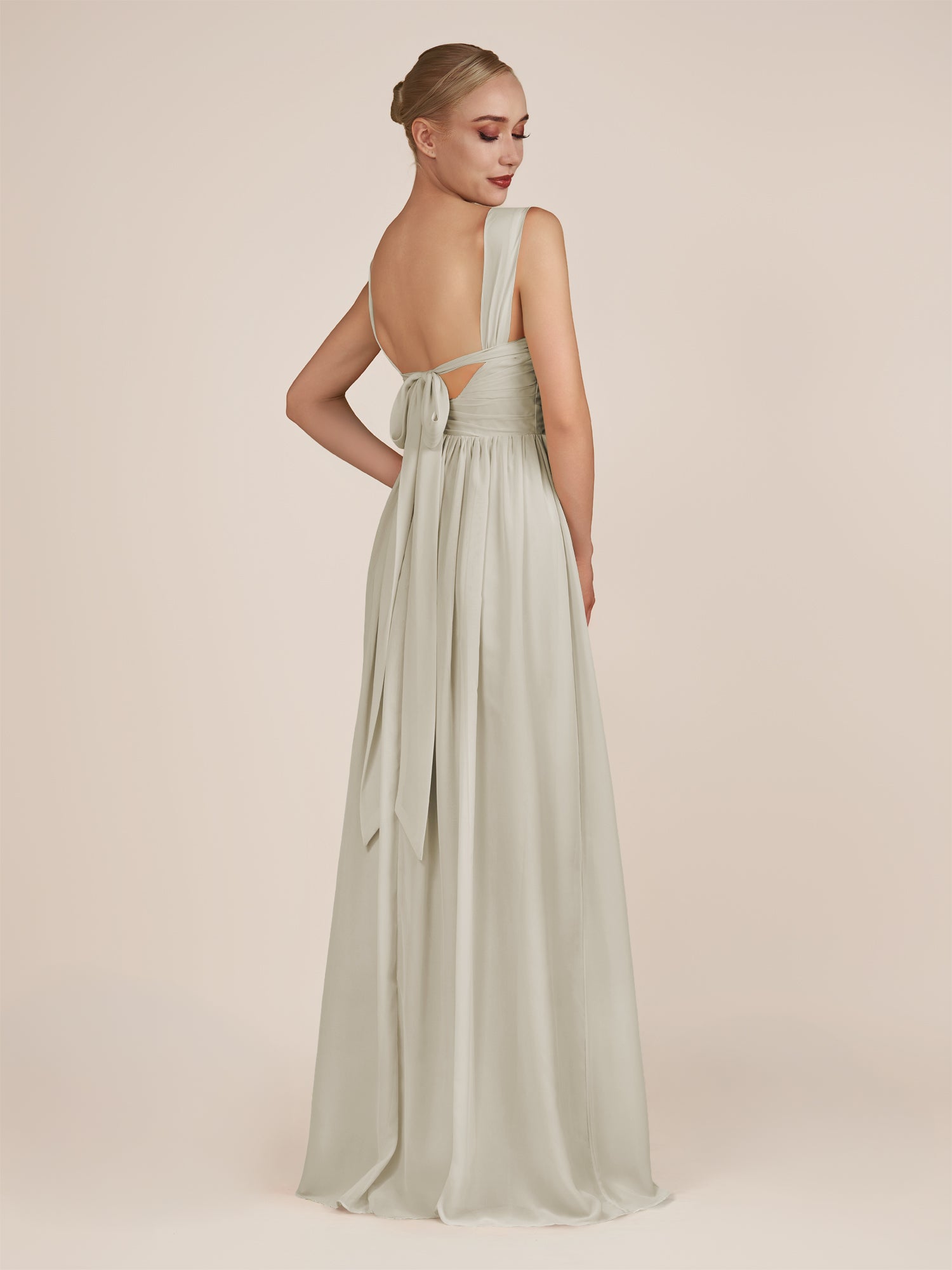 KissDress-Azura Dove Gray A-Line V Neck Chiffon Pleated Long Bridesmaid Dress with Slit
