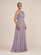 KissDress-Azura Dusk A-Line V Neck Chiffon Pleated Long Bridesmaid Dress with Slit