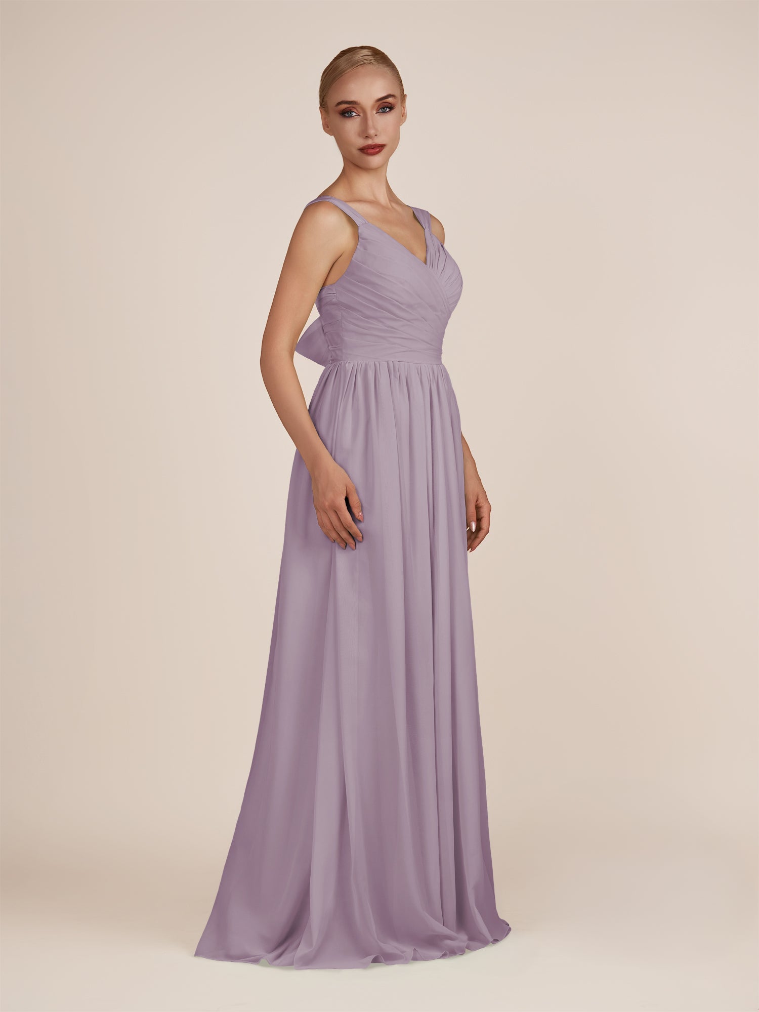 KissDress-Azura Dusk A-Line V Neck Chiffon Pleated Long Bridesmaid Dress with Slit