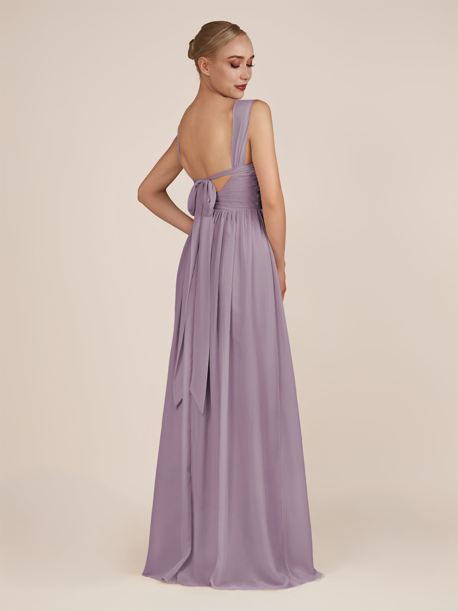 KissDress-Azura Dusk A-Line V Neck Chiffon Pleated Long Bridesmaid Dress with Slit
