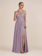 KissDress-Azura Dusk A-Line V Neck Chiffon Pleated Long Bridesmaid Dress with Slit