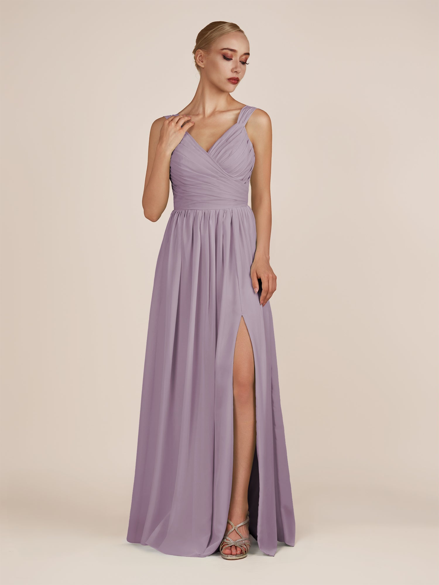 KissDress-Azura Dusk A-Line V Neck Chiffon Pleated Long Bridesmaid Dress with Slit