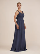 KissDress-Azura Dusk Blue A-Line V Neck Chiffon Pleated Long Bridesmaid Dress with Slit