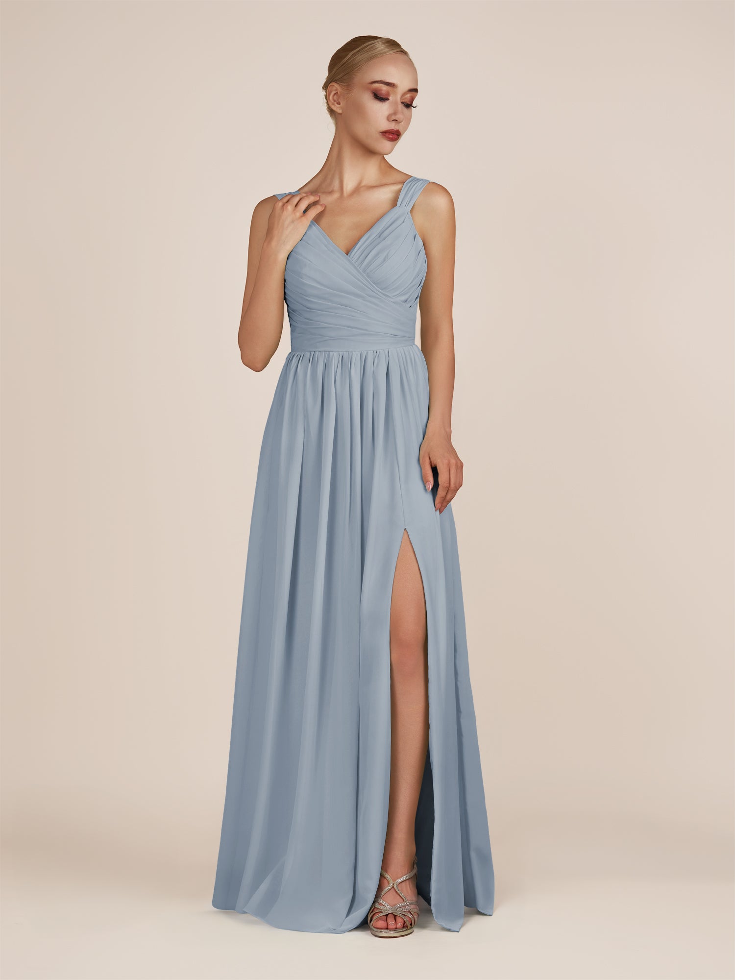 KissDress-Azura Dusty Blue A-Line V Neck Chiffon Pleated Long Bridesmaid Dress with Slit