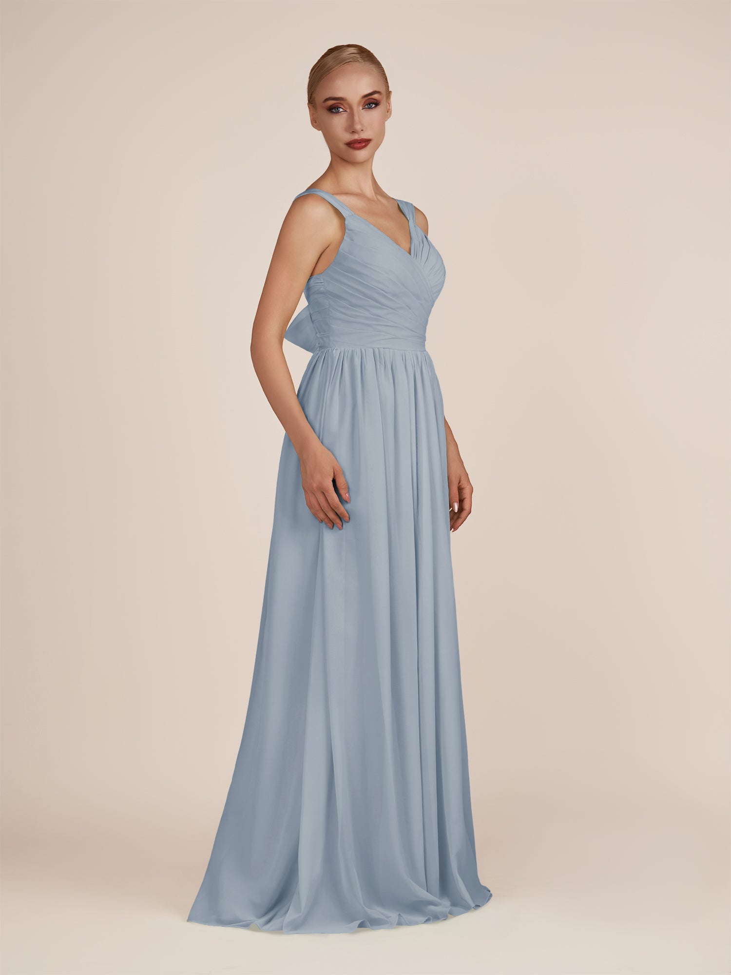 KissDress-Azura Dusty Blue A-Line V Neck Chiffon Pleated Long Bridesmaid Dress with Slit