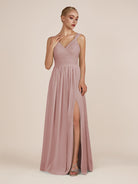 KissDress-Azura Dusty Rose A-Line V Neck Chiffon Pleated Long Bridesmaid Dress with Slit