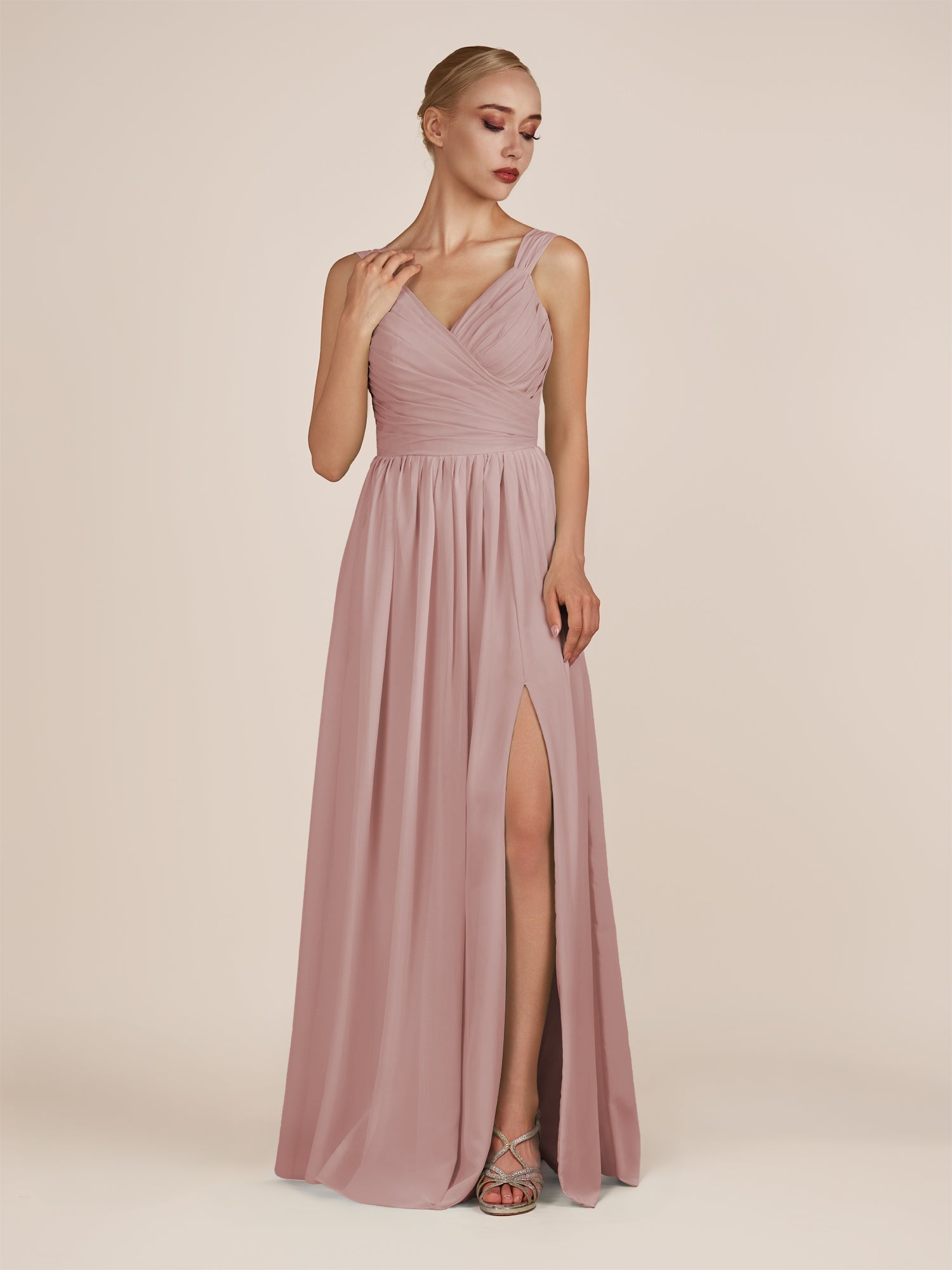KissDress-Azura Dusty Rose A-Line V Neck Chiffon Pleated Long Bridesmaid Dress with Slit