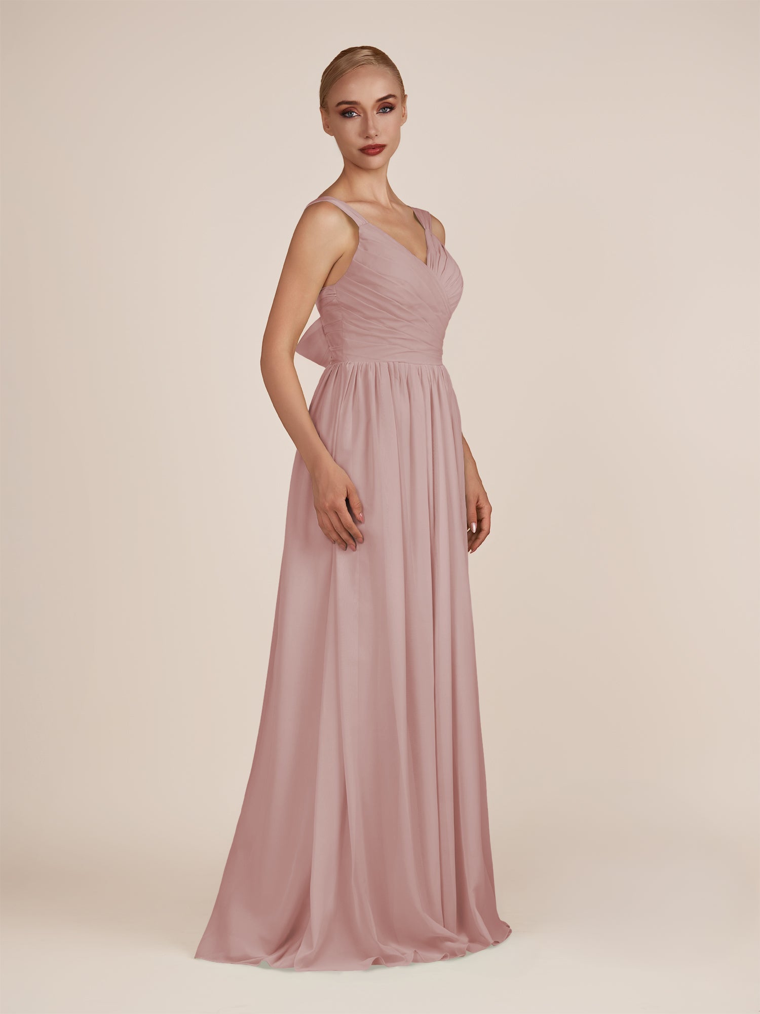 KissDress-Azura Dusty Rose A-Line V Neck Chiffon Pleated Long Bridesmaid Dress with Slit