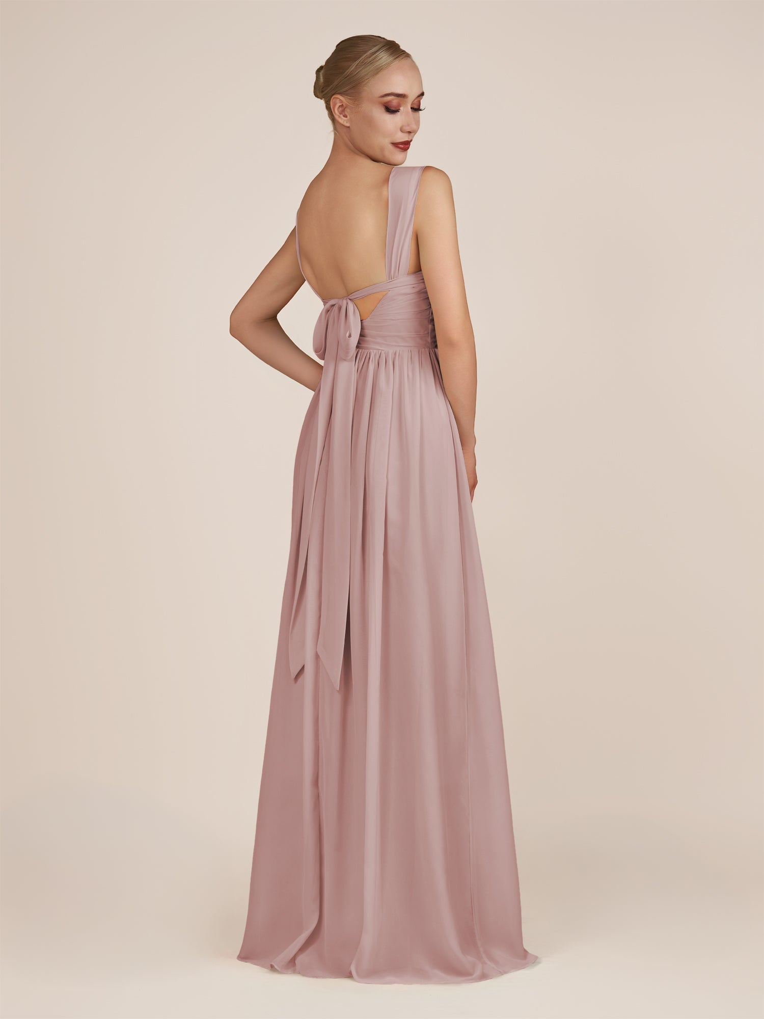 KissDress-Azura Dusty Rose A-Line V Neck Chiffon Pleated Long Bridesmaid Dress with Slit