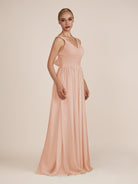 KissDress-Azura English Rose A-Line V Neck Chiffon Pleated Long Bridesmaid Dress with Slit