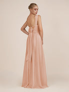 KissDress-Azura English Rose A-Line V Neck Chiffon Pleated Long Bridesmaid Dress with Slit