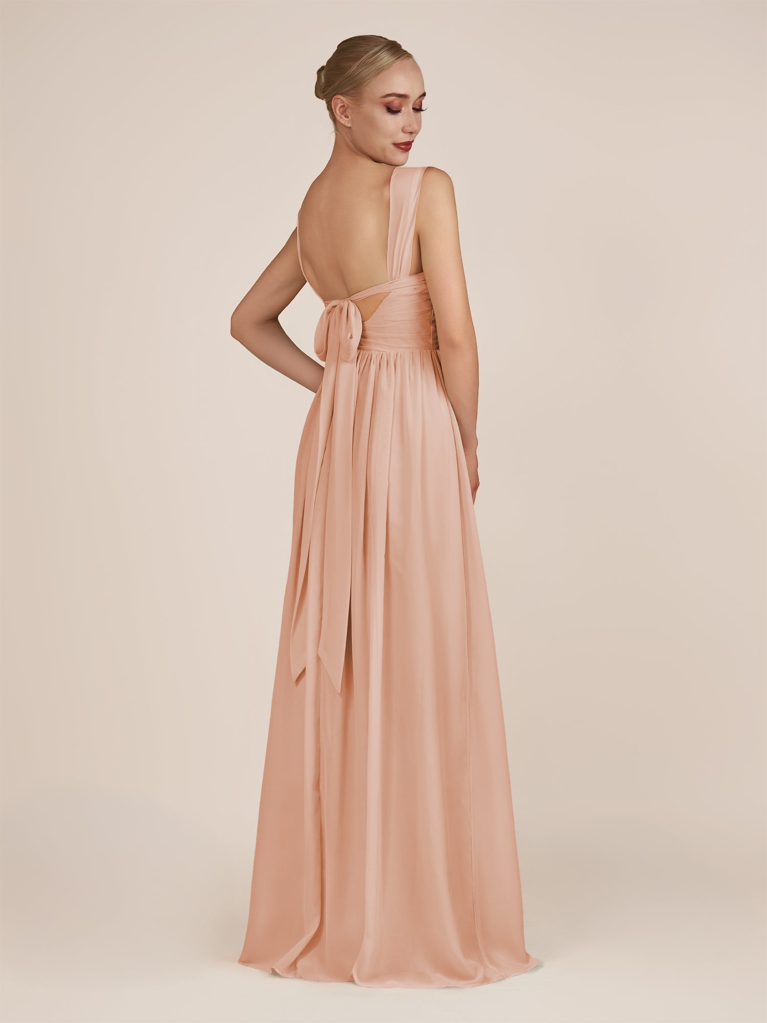 KissDress-Azura English Rose A-Line V Neck Chiffon Pleated Long Bridesmaid Dress with Slit